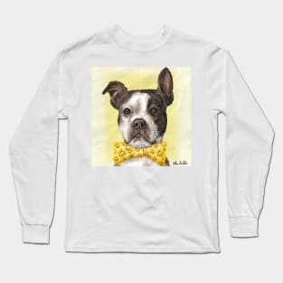 A Painting of a Boston Terrier with a Bow Tie with Smiley Pattern, Yellow Background Long Sleeve T-Shirt